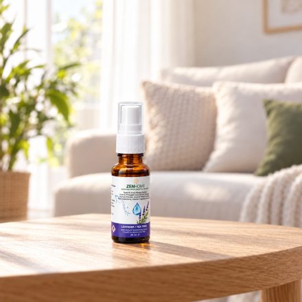 ZENHOME levendula + teafa illóolaj permet fa asztalon, világos nappaliban
