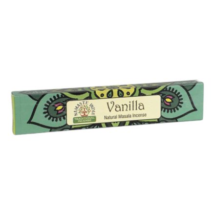 Namaste India vanília füstölő Vanilla feliratú, zöld mintás doboza
